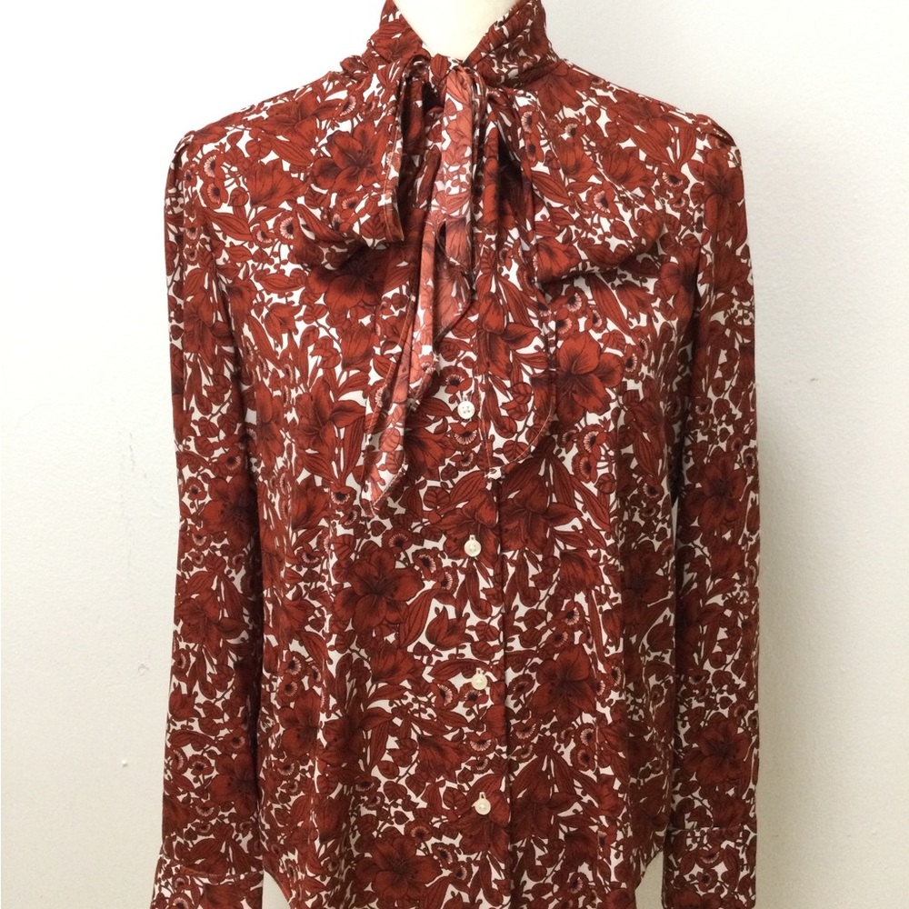 Ann Taylor Rust Ivory Floral Tie Neck Blouse Button Up Long Sleeve S